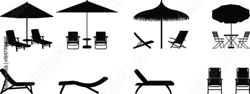 Black Silhouettes of Beach Furniture and Umbrellas on White Background chair lounge chair