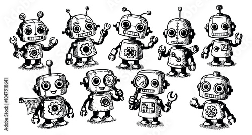 Cute robot icon set with gears, wrenches and magnifying glasses hand drawn sketch