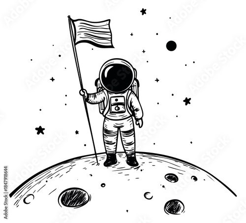 Vintage astronaut character set with flag and moon surface hand drawn sketch