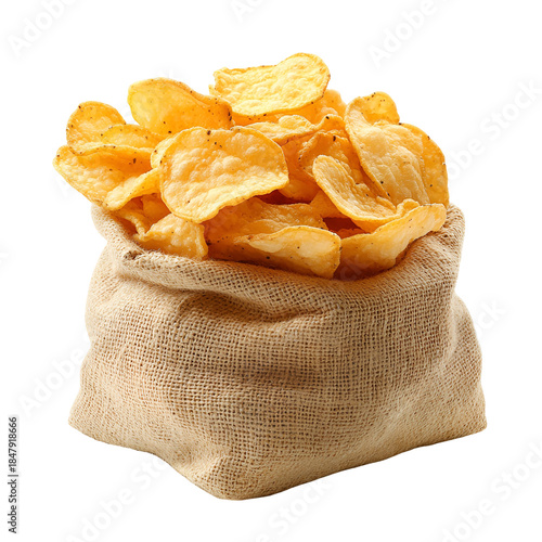 Potato chips in sack food snack crispy light beige bag overhead food product