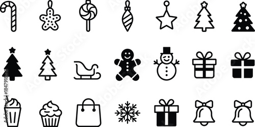 Christmas Icons Silhouettes and Outlines on White Background Keywords: christmas, icons, silhouette, outline, candy cane