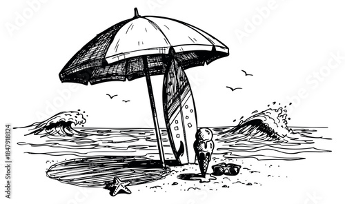 Beach scene set with umbrella, surfboard, ice cream and sunglasses hand drawn outline illustration