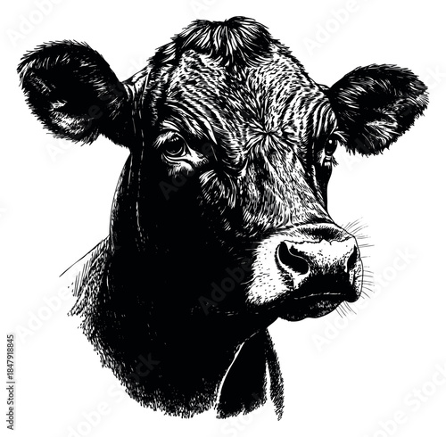 Cow head illustration black and white line art