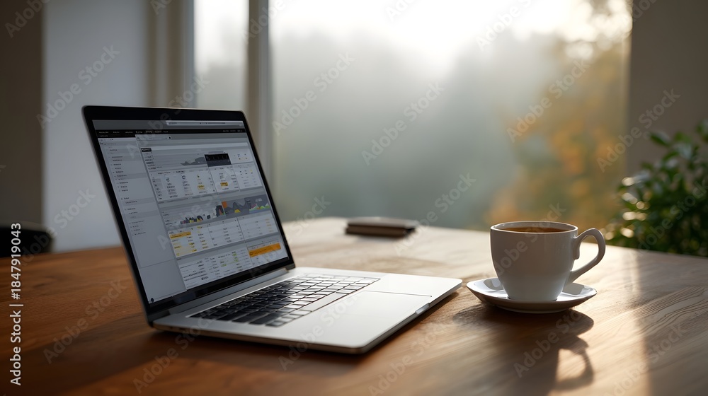 Fototapeta premium A laptop and coffee sit on a wooden table by a misty window at sunrise displaying financial data