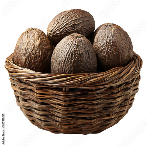 Potatoes in wicker basket rustic food still life