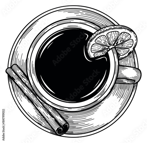 Vintage cup of tea with lemon slice and cinnamon sticks hand drawn outline illustration