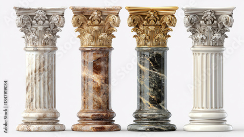Four stately columns, showcasing various patterns and hues, stand together, a testament to classical design and architectural elegance