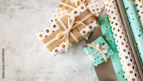 Wallpaper Mural Handmade gift boxes and wrapping paper in natural, soft colors. Minimalist top view with copy space for banners and greetings Torontodigital.ca