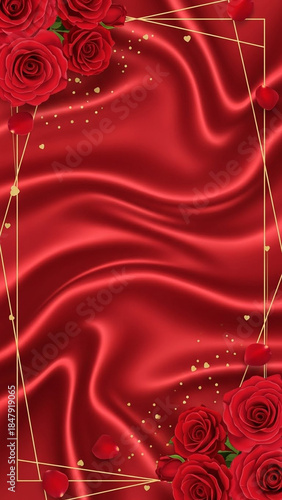 Elegant red curtain background with hanging lights and golden border decoration
