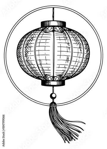 Vintage chinese lantern with tassel hand drawn outline illustration