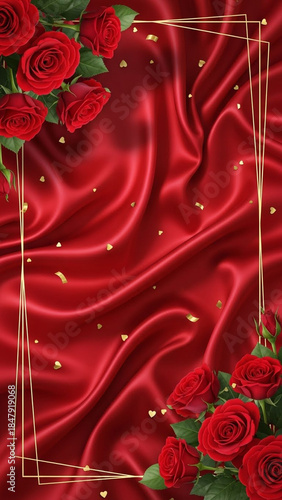 Luxurious red silk background with gold frame and red roses for mobile wallpaper