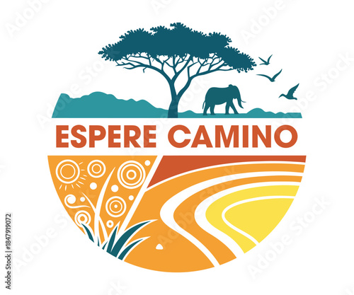 African Safari Journey Emblem with Elephant and Acacia Tree Vector