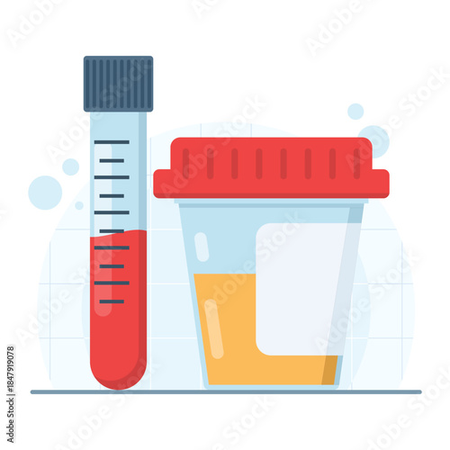 Medical lab samples of blood and urine in glass tubes. Vector illustration for laboratory analysis, diagnostics, and healthcare concepts.
