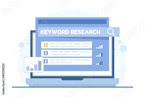 Keyword research and SEO strategy concept. Illustration for search engine optimization planning, content marketing, website growth, and digital marketing performance.