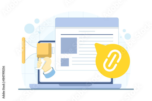 Guest post backlink strategy concept with laptop, megaphone, and chain icon. Vector illustration for SEO outreach, quality link building, and domain ranking growth.