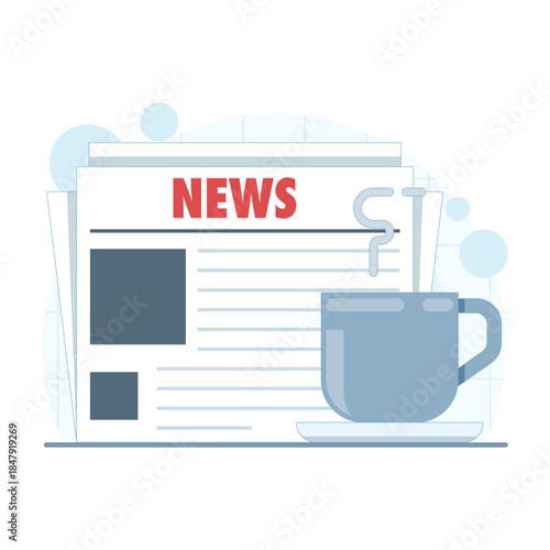 Morning concept with newspaper and tea cup. Vector illustration for breakfast routine, daily reading, relaxing morning, and lifestyle design.