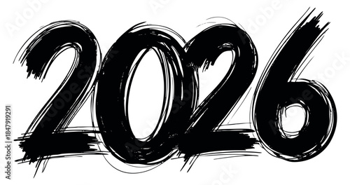 Simple 2026 number illustration with brush strokes hand drawn sketch