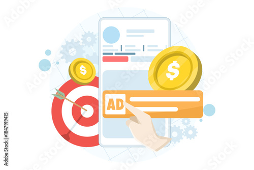 Social content monetization strategy concept for online advertising campaigns. Vector illustration for ad management, targeted digital marketing, brand visibility, and revenue growth.