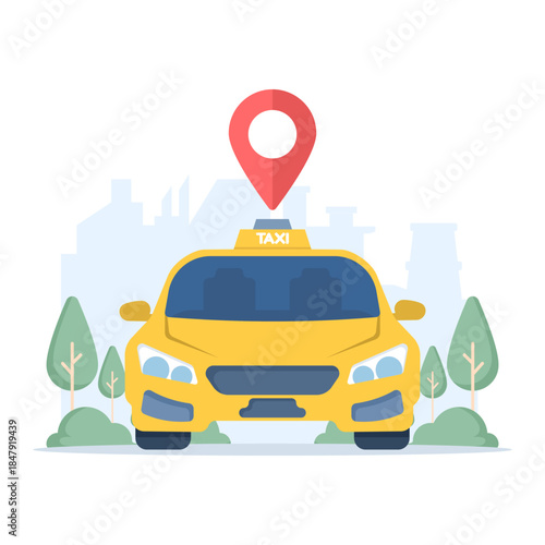 Location tracking concept with yellow taxi car and location pin. Vector illustration for GPS navigation, ride-hailing service, transportation, and urban mobility.