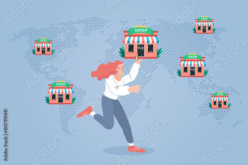 Female entrepreneur actively expanding global franchise business by placing shop icons on world map. Concept of retail chain growth, international market branch strategy and distribution network.