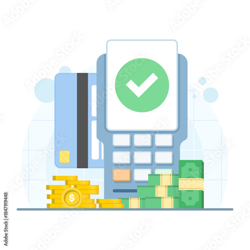Payment concept showing credit card swipe machine with gold coin. Digital marketing illustration for cashless transactions, point-of-sale, and financial services.
