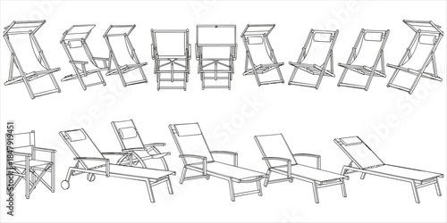 Collection of Various Deck Chair and Lounge Chair Line Drawings Keywords: deck chair, lounge chair, sun lounger, beach chair