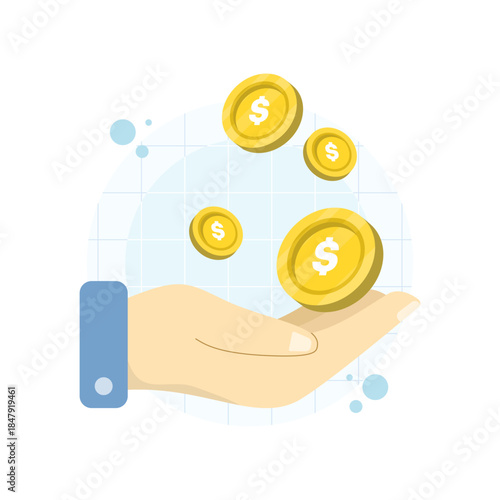 Hands accepting gold coins symbolizing income and earnings. Vector illustration for finance, payment, profit sharing, and money flow concepts.