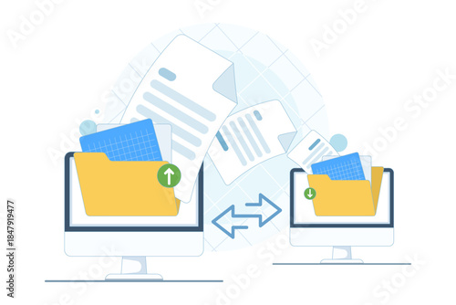 File transfer and data backup concept with cloud storage. Flat vector illustration for uploading, downloading, document saving, and digital technology.
