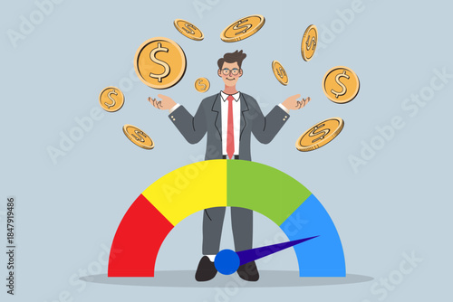 Successful businessman celebrating excellent credit score rating with falling dollar coins. Concept of financial freedom, high performance measurement and loan approval success.