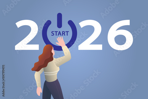 Woman hand pressing start power button on 2026 number text. Concept of Happy New Year, business strategy kickoff and future beginning. Female character switching on fresh opportunity.