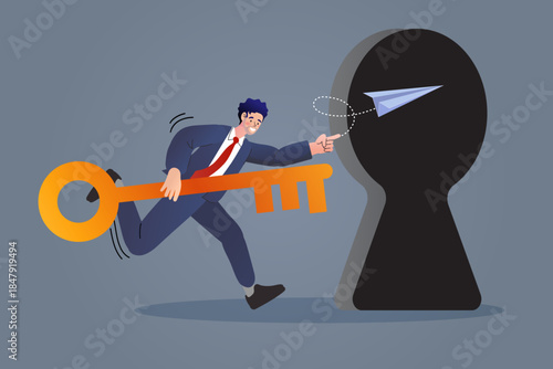 Determined businessman running with a giant key, unlocking a keyhole to launch a paper plane. A concept of finding the solution, seizing new opportunities, and achieving strategic business success.