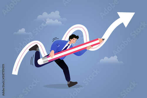 Ambitious businessman running with giant pencil designing strategic success path. Creative male leader charting rising arrow graph for future business growth and financial achievement concept.
