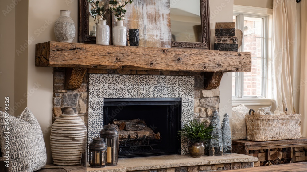 Obraz premium Medium shot of a fireplace mantel with eclectic decor blending traditional patterns and rustic materials offering a unique and inviting focal point.
