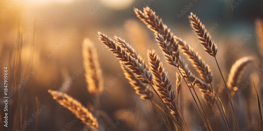 Obraz premium Wheat stalks glowing in golden evening light, softly blurred field background. Warm backlit scene capturing summer harvest mood in rural landscape.