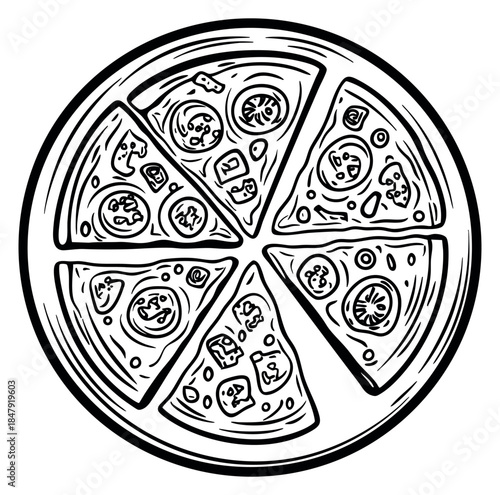 Pizza icon set with six slices black and white line art