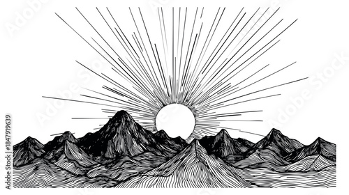Vintage mountain range set with rising sun black and white line art
