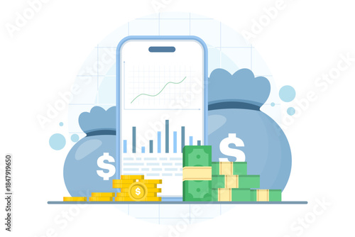 Trading analysis concept showing chart on smartphone with gold coin elements. Digital marketing illustration for investment strategy, market analysis, and fintech business growth.