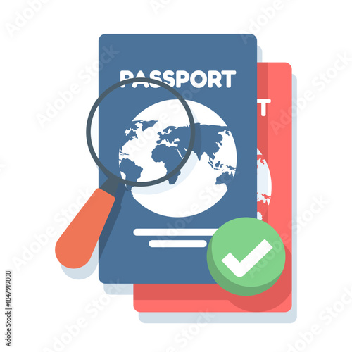 Passport check concept with magnifying glass and approval icon. Vector illustration for identity verification, travel document validation, immigration control, and security check.