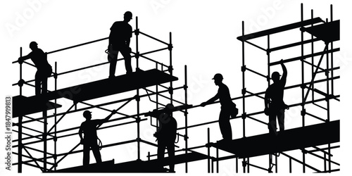 Construction Workers Silhouettes on Scaffolding on White Background Keywords: construction, workers, silhouettes, scaffolding