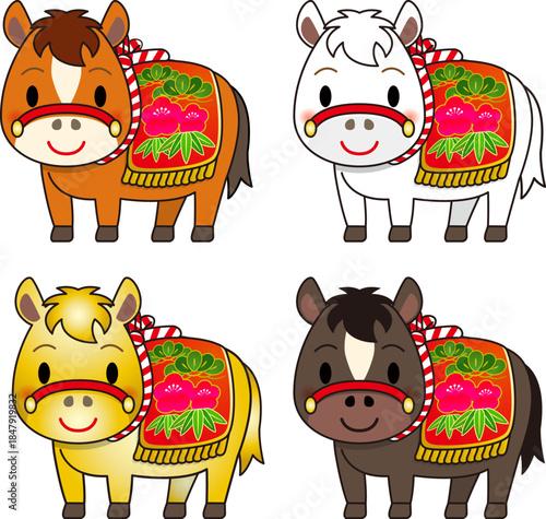 かわいい十二支の馬のアイコンイラストセット。Horse icon illustration
午（赤毛・白毛・金色・黒毛）