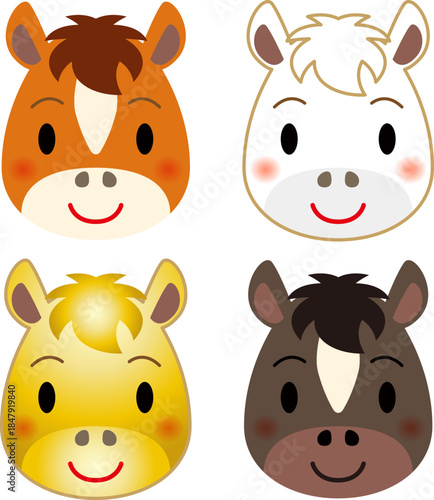 かわいい十二支の馬の顔のアイコンイラストセット。Horse icon illustration
午（赤毛・白毛・金色・黒毛）