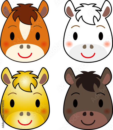 かわいい十二支の馬の顔のアイコンイラストセット。Horse icon illustration
午（赤毛・白毛・金色・黒毛）