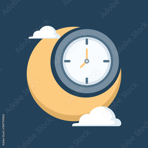 Nighttime concept with moon and clock. Vector illustration for bedtime routine, sleep schedule, night time management, and evening planning.