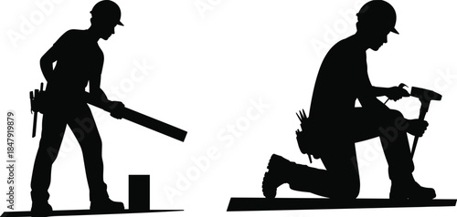 Construction Workers Silhouettes with Tools on White Background Keywords: construction worker, builder, carpenter, silhouette