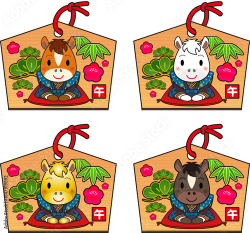 裃を着て新年の挨拶をする、かわいい十二支の馬の絵馬アイコンイラストセット。Horse icon illustration
午（赤毛・白毛・金色・黒毛）