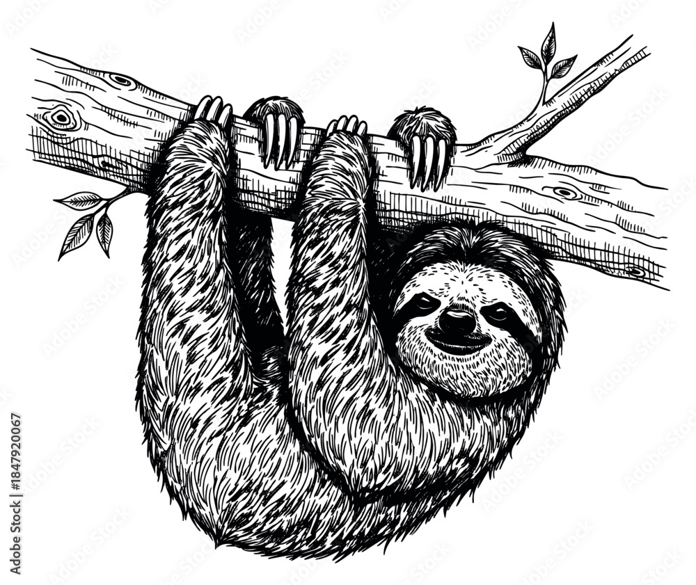 Obraz premium Vintage sloth illustration hanging on tree branch black and white line art
