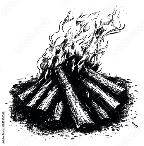 Campfire with logs and flames hand drawn sketch
