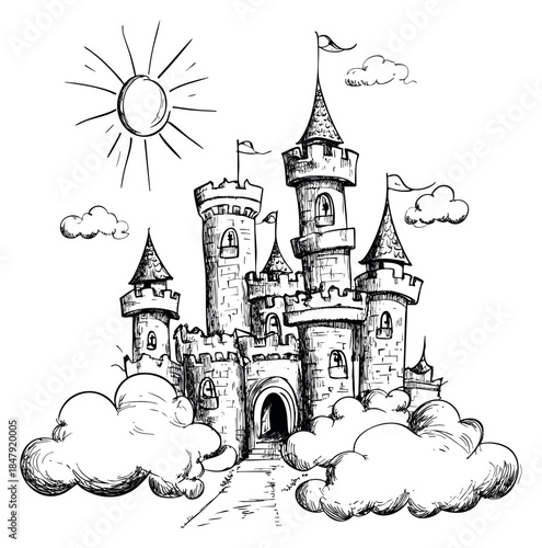 Hand drawn castle set with towers, flags, clouds and sun sketch