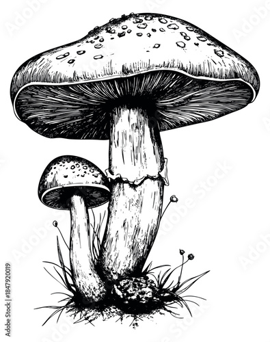 Mushroom set with grass and soil hand drawn outline illustration