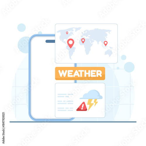 Extreme weather concept with mobile phone, cloud with thunder, danger sign, and location pins. Vector illustration for storm tracking, weather alerts, and climate monitoring.